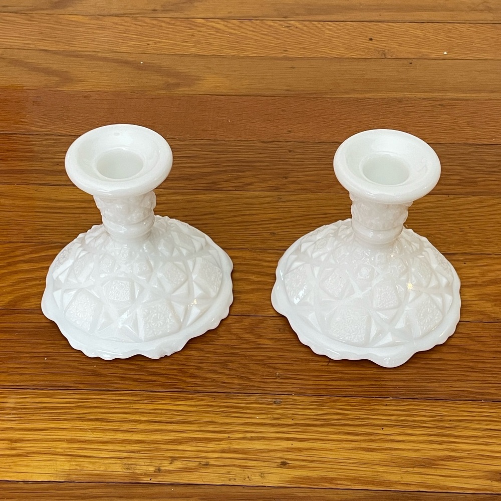 Set of Vintage Westmoreland Milk Glass Candle Holders “Old Quilt “ Pattern